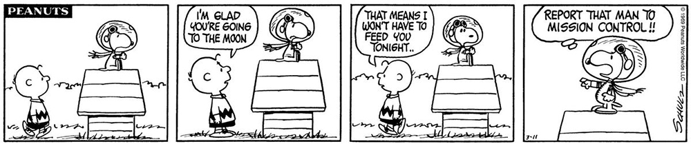 Comic strip of beloved characters Charlie Brown and Snoopy with an Apollo inspired joke.