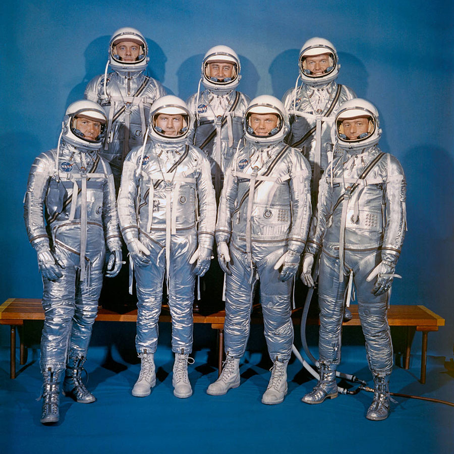 On April 9, 1959, NASA announced the Mercury 7 astronauts who would pioneer into the unknown and test whether or not humans could survive in space. Front row, left to right: Walter M. Schirra, Jr., Donald K. 'Deke' Slayton, John H. Glenn, Jr., and M. Scott Carpenter; back row, Alan B. Shepard, Jr., Virgil I. 'Gus' Grissom, and L. Gordon Cooper, Jr.