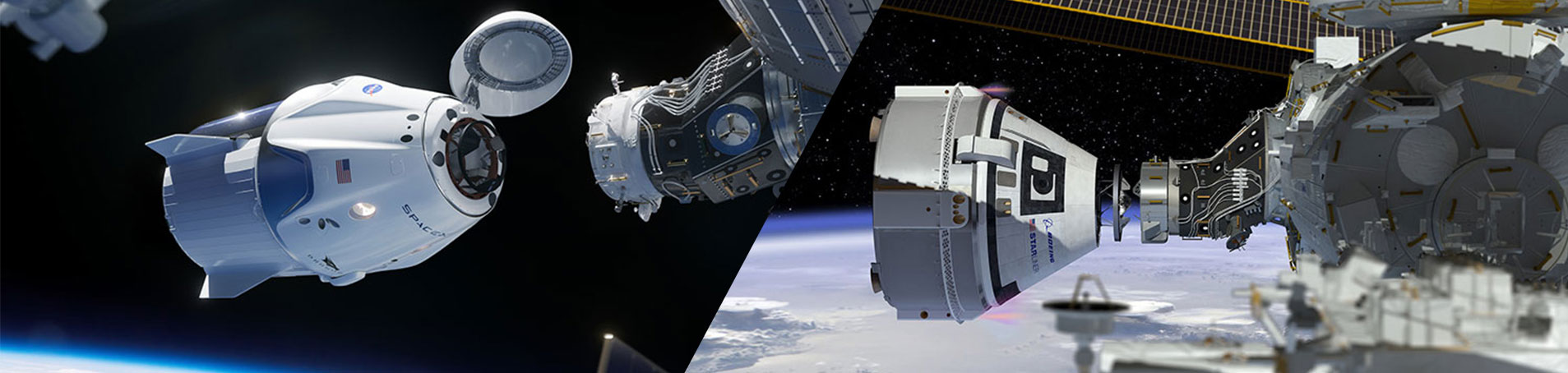 Artist renderings of the Commercial Crew capsules, including the Boeing CST-100 Starliner and SpaceX Crew Dragon