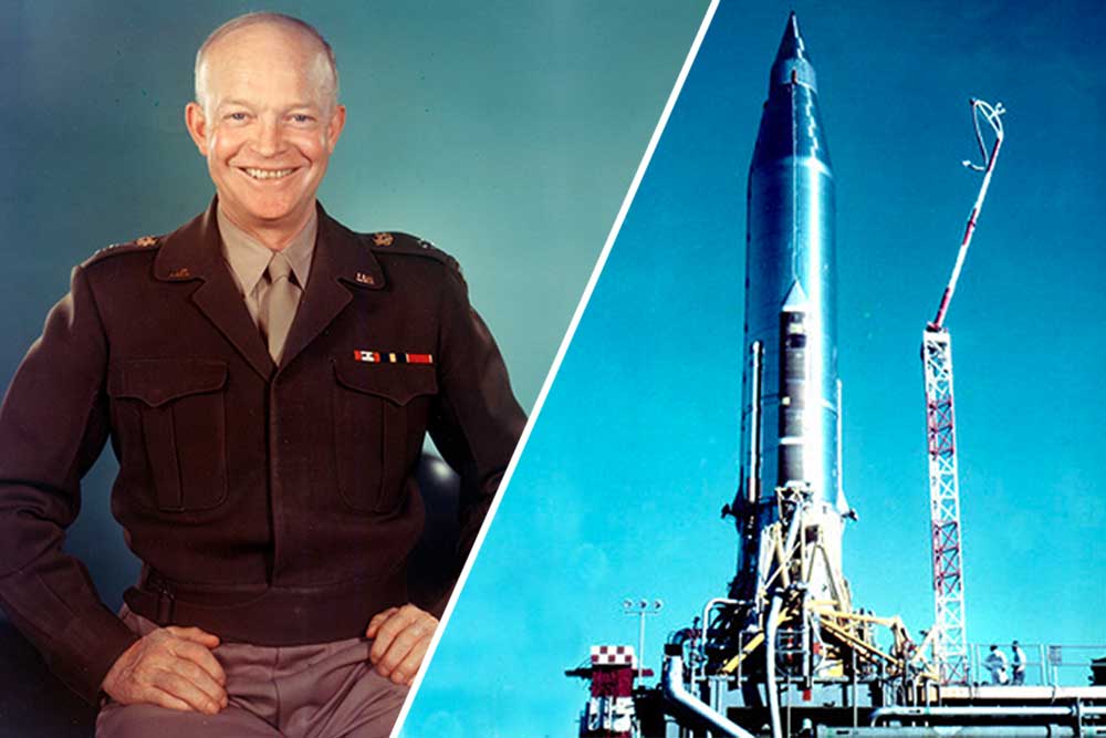 President Eisenhower and the SCORE satellite atop the Atlas rocket from which Eisenhower played his prerecorded Christmas message.