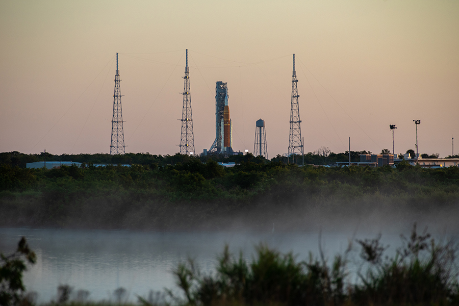 Space Launch System (SLS) on pad 39B at sunrise