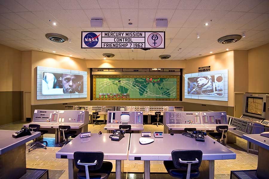 The original Mercury Mission Control room consoles at Kennedy Space Center Visitor Complex.