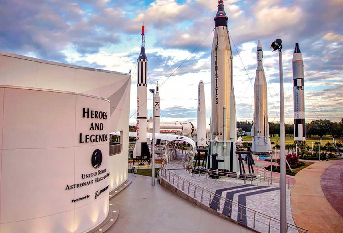 Scenic photo of Heroes and Legends, featuring the U.S. Astronaut Hall of Fame, near the Rocket Garden at Kennedy Space Center Visitor Complex.