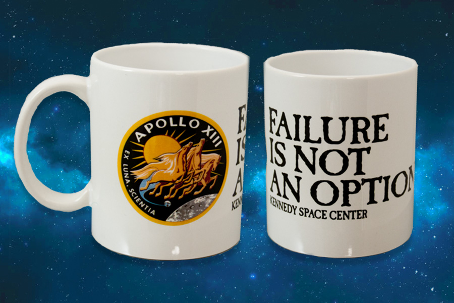 Ceramic mug with the saying 'Failure is not an option' and the Apollo path printed on it.
