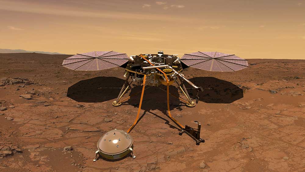 The Mars InSight probe is shown in this artist's rendition operating on the surface of Mars.