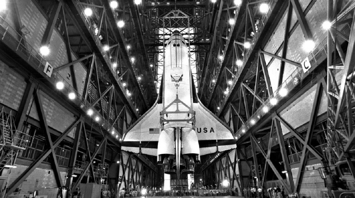 Space Shuttle Columbia vertical in the Vehicle Assembly Building.