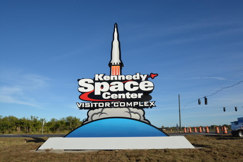 Monument at the new entrance of Kennedy Space Center Visitor Complex, viewed from Space Commerce Way.