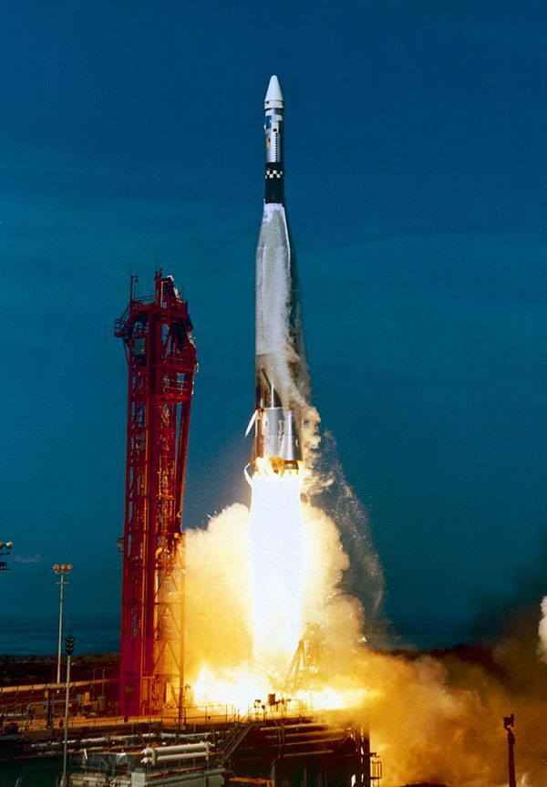 Launched atop an Atlas booster, the Agena target vehicle (ATV) was a spacecraft used by NASA to develop and practice orbital space rendezvous and docking techniques in preparation for the Apollo program lunar missions. 