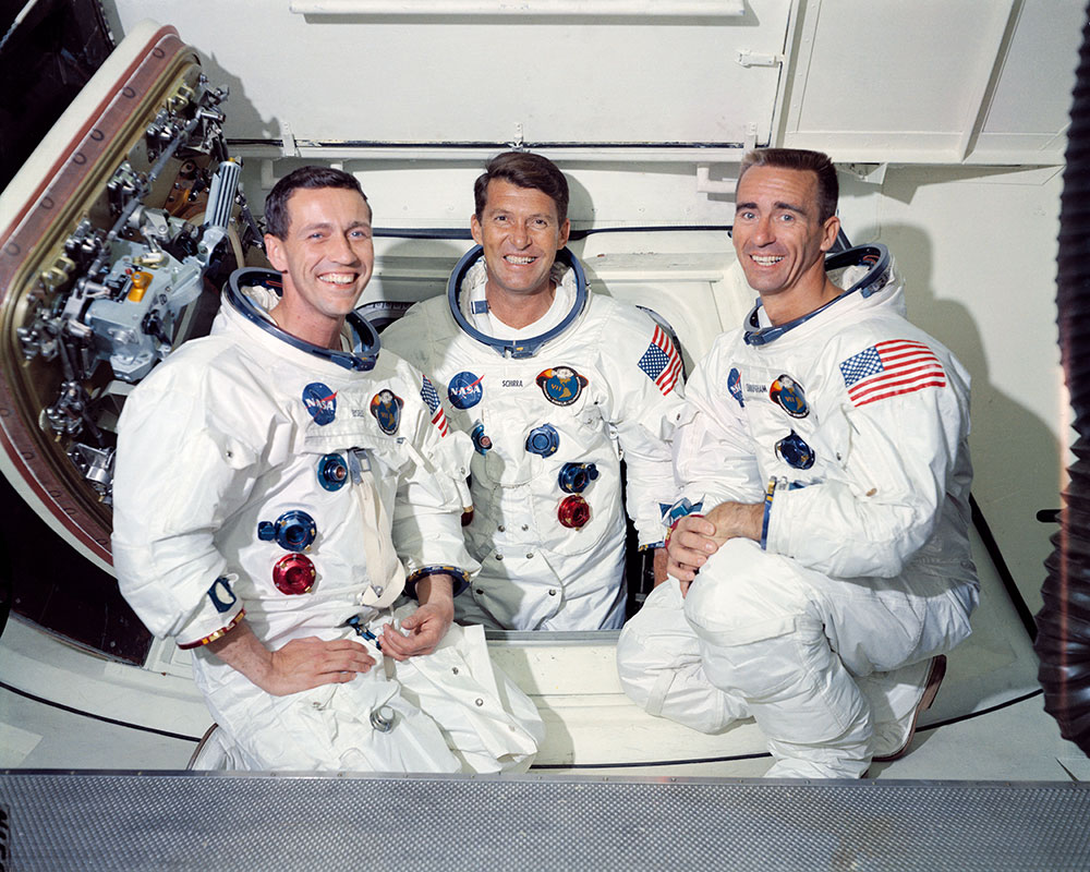 The crew of Apollo 7, Commander Walter Schirra, Lunar Module Pilot Walter Cunningham and Command Module Pilot Donn Eisele, pose after a successful mission in 1968.