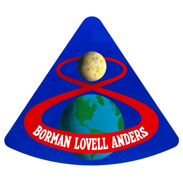 Apollo 8 patch displaying the earth and moon with the crewmembers names: Astronauts Frank Borman, James A. Lovell Jr., and William A. Anders. 