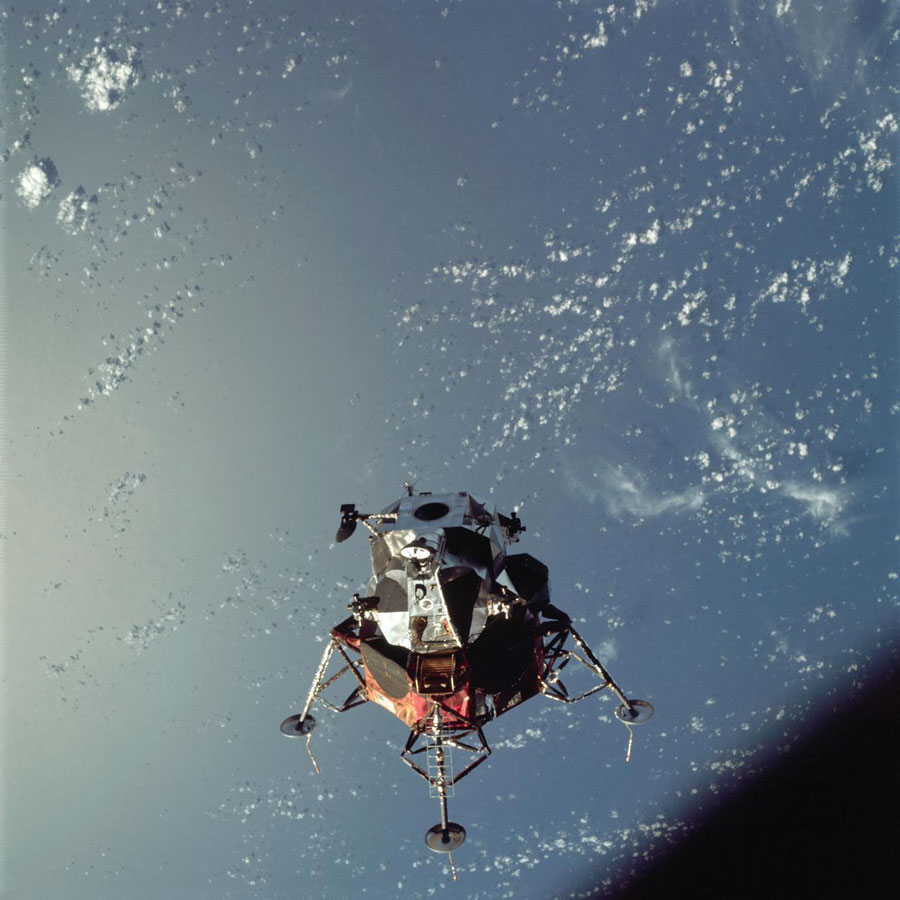 A view of the Apollo 9 Lunar Module (LM) 'Spider' in a lunar landing configuration from the Apollo 9 Earth-orbital mission.