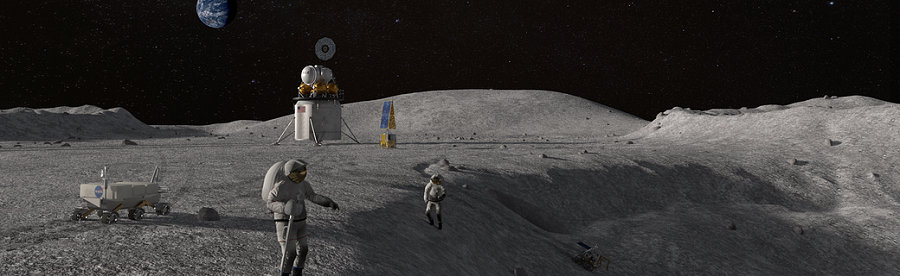 A mockup of astronauts, spacecraft and scientific gear on the moon illustrate NASA's plan to go to the moon in 2024.