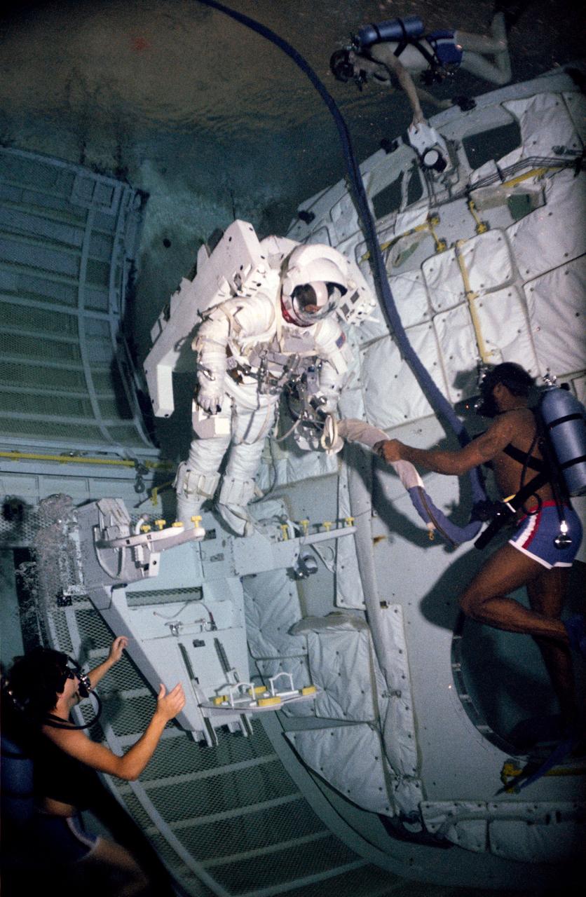 Astronaut Bruce McCandless during an underwater test of the Manned Maneuvering Unit.