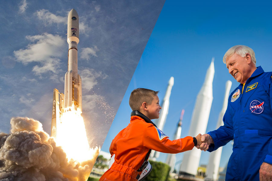 A combined photo of an Atlas V launch and of astronaut Jon McBride shaking hands with a child.