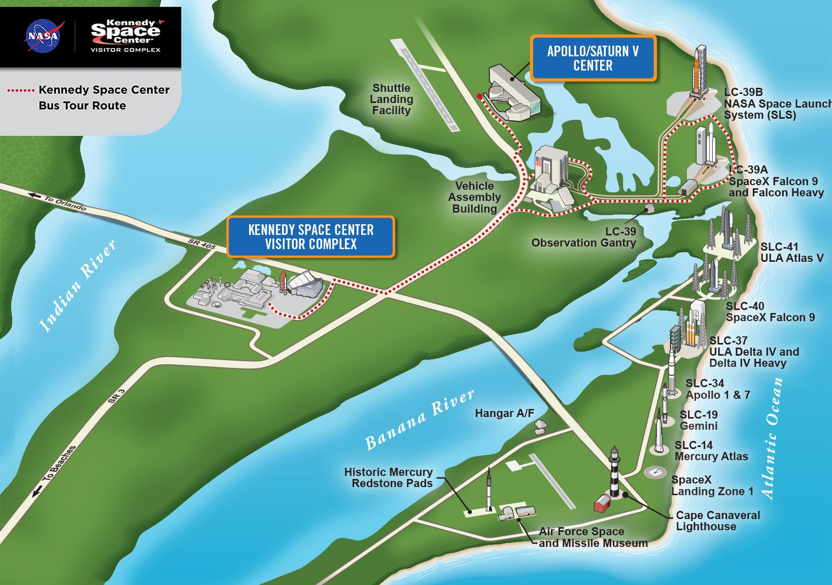 Map of Cape Canaveral and the Kennedy Space Center Bus Tour