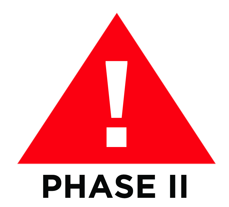 A red triangle with a white exclamation mark in the center is the symbol of Phase II weather, where lightning is in the local area.
